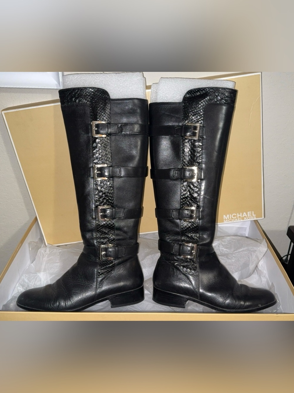 Michael Kors Black Leather Tall Buckle Riding Boots